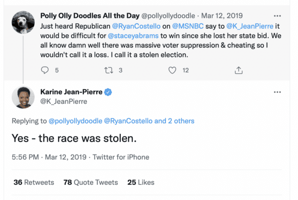 Newly appointed White House Press Secretary Karine Jean-Pierre has insisted on Twitter and in interviews that the 2018 gubernatorial election was stolen from Stacey Abrams. (Screengrab from Twitter)