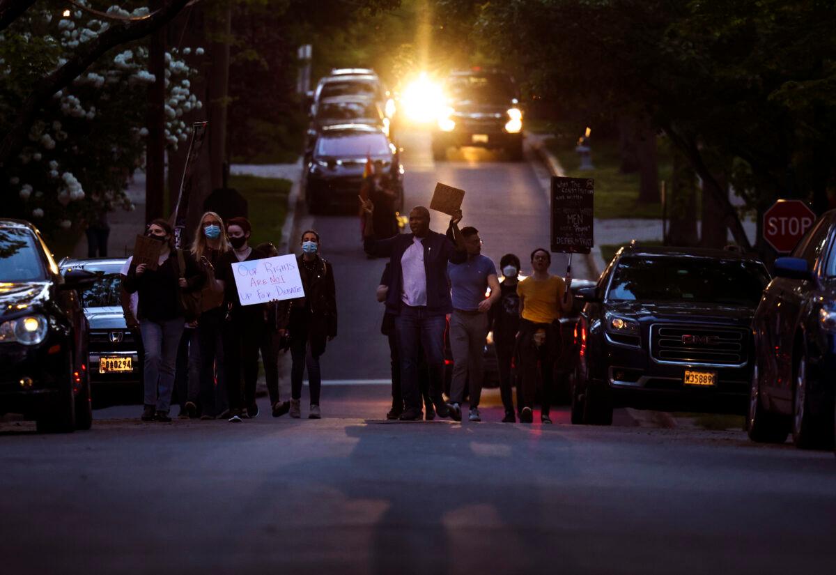Pro-abortion protesters outside the home of U.S. Associate Supreme Court Justice Brett Kavanaugh in Chevy Chase, Maryland, on May 11, 2022. (Kevin Dietsch/Getty Images)