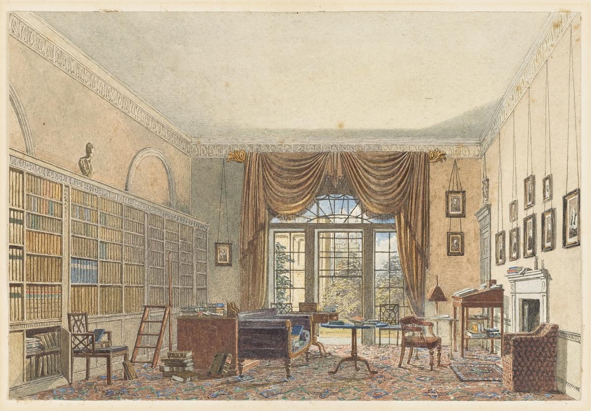 "Interior of a Library" watercolor painting from the 1830s. Cooper Hewitt, Smithsonian Design Museum, New York City. (Public Domain)