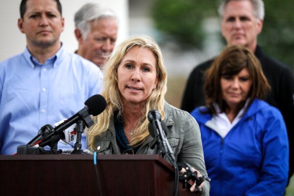 Rep. Marjorie Taylor Greene (R-Ga.) joins a Republican congressional delegation at the southern border in Eagle Pass, Texas, on April 25, 2022. (Charlotte Cuthbertson/The Epoch Times)