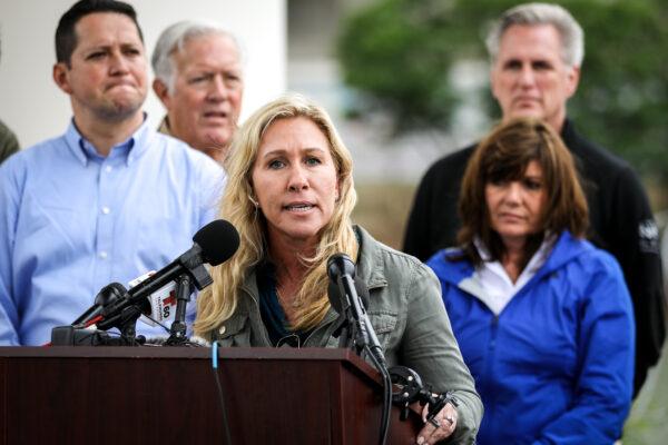 Rep. Marjorie Taylor Greene (R-Ga.) joins a Republican congressional delegation at the southern border in Eagle Pass, Texas, on April 25, 2022. (Charlotte Cuthbertson/The Epoch Times)