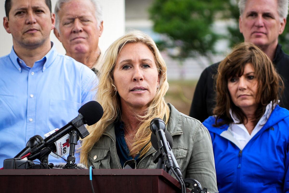 Rep. Marjorie Taylor Greene (R-Ga.) joins a Republican congressional delegation at the southern border in Eagle Pass, Texas, on April 25, 2022. (Charlotte Cuthbertson/The Epoch Times)