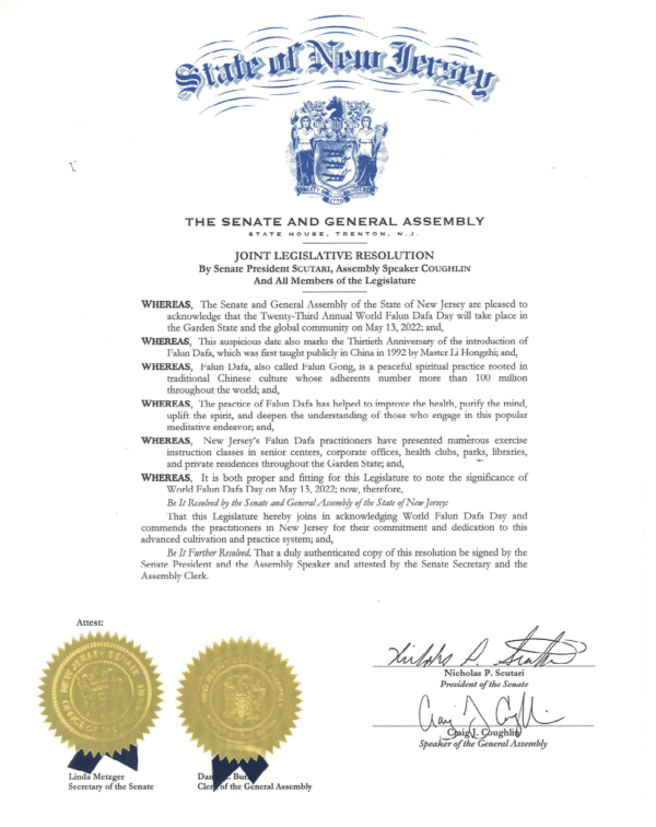 New Jersey State Senate and General Assembly issued Joint Resolution honoring Falun Dafa Day 2022. (Courtesy of New Jersey Falun Dafa Association)