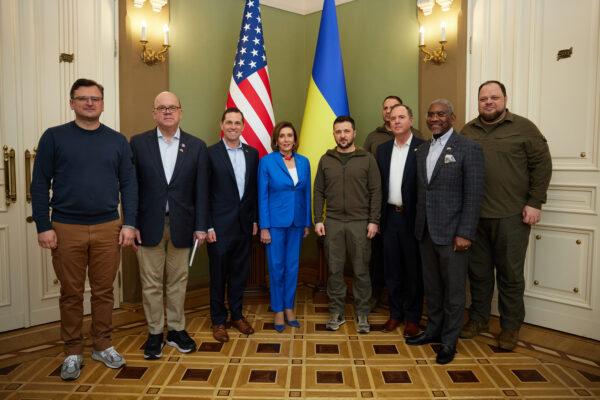 Ukrainian President Volodymyr Zelensky meets U.S. Speaker of the House Nancy Pelosi during a visit by a U.S. congressional delegation in Kyiv, Ukraine, on April 30, 2022. (Ukrainian Presidential Press Office/Handout via Getty Images)