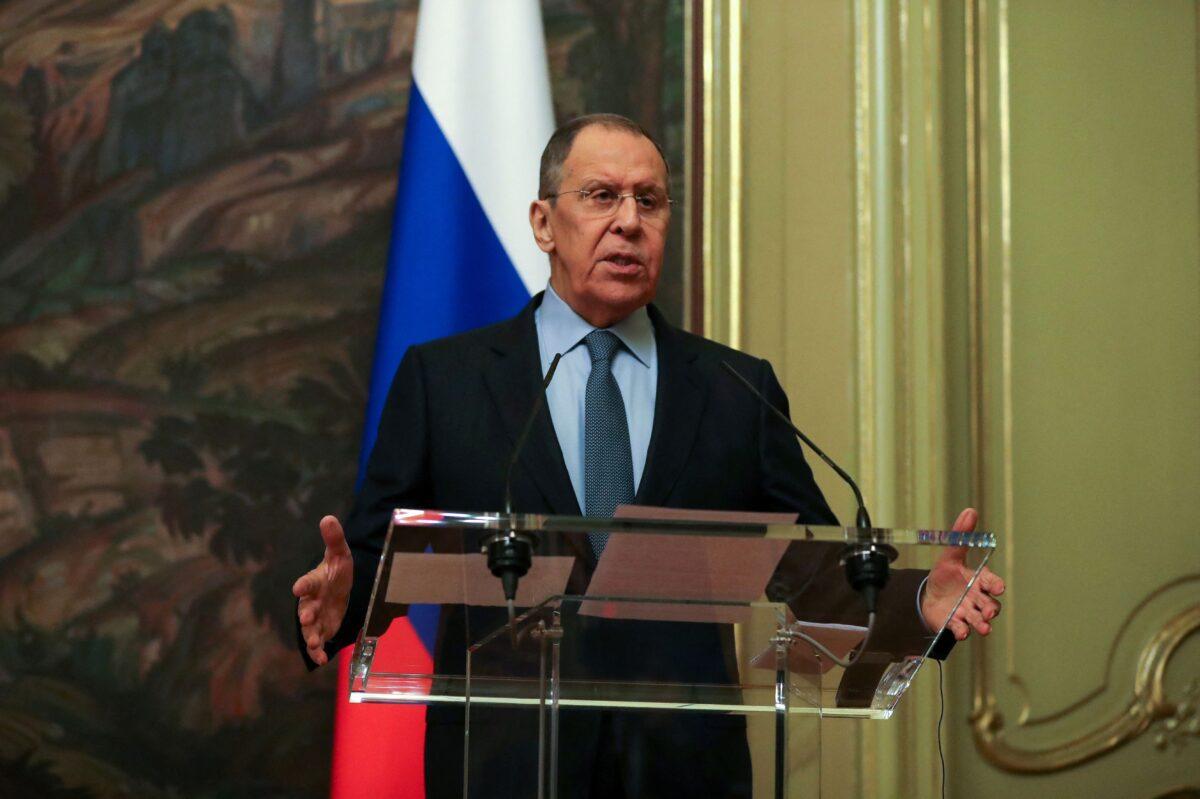 Russian Foreign Minister Sergei Lavrov speaks during a joint press conference with the U.N. Secretary-General following their talks in Moscow on April 26, 2022. (Maxim Shipenkov/POOL/AFP via Getty Images)