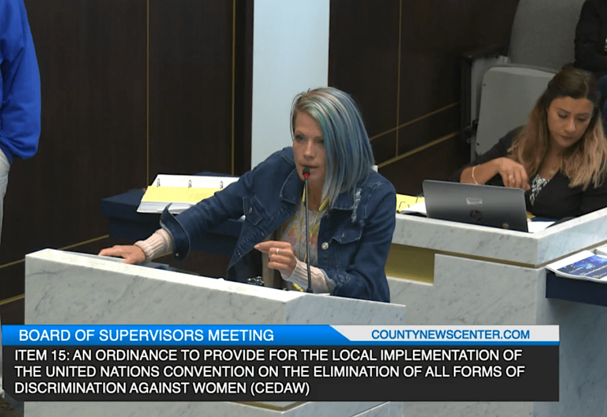 Audra Morgan, a local activist, speaks at a San Diego Board of Supervisors meeting on May 10, 2022. (Screenshot via San Diego County)