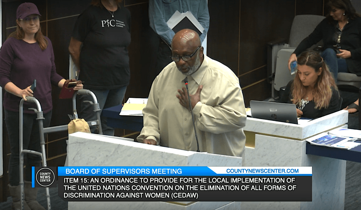 Ray Smith, a senior pastor at United Baptist Church, speaks at a San Diego Board of Supervisors meeting on May 10, 2022. (Screenshot via San Diego County)
