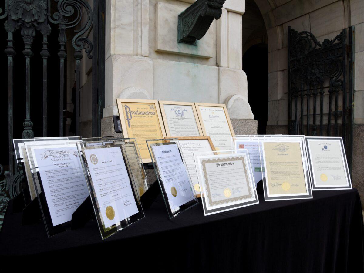 Almost 40 New Jersey officials from federal, state, county, and city levels sent proclamations to honor Falun Dafa Day 2022. (Jing Song/Epoch Times)