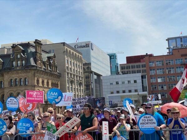 Pro-life supporters gather for a "March for Life" rally in Ottawa on May 12, 2022. (Limin Zhou/The Epoch Times)
