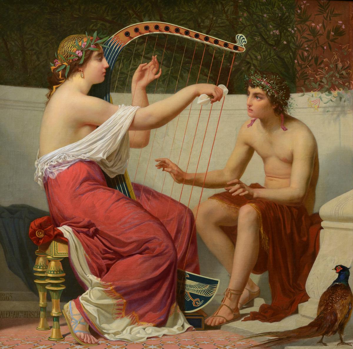 “Calliope Teaching Orpheus,” 1865, by Auguste Alexandre Hirsch. Oil on canvas; 39.3 inches by 40.9 inches. Museum of Art and Archeology of Périgord, in Périgueux, France. (Public Domain)