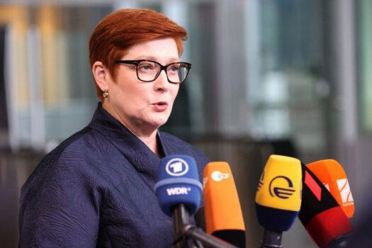 Australian Foreign Minister Marise Payne speaks to the press at NATO headquarters in Brussels, Belgium on April 7, 2022. (Francois Walschaerts/AFP via Getty Images)