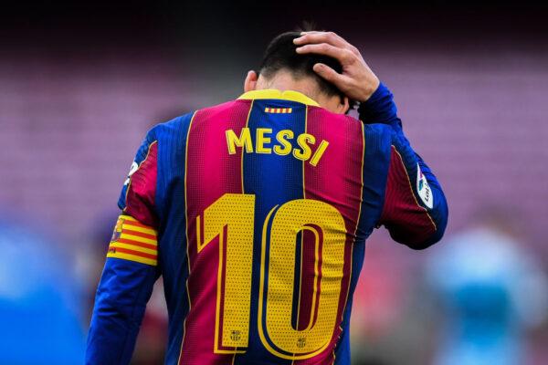 Lionel Messi shows his dejection during the La Liga Santander match between FC Barcelona and RC Celta at Camp Nou in Barcelona, Spain, on May 16, 2021. (David Ramos/Getty Images)