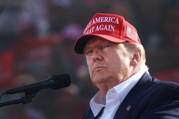 Former President Donald Trump speaks to supporters during a rally at the I-80 Speedway in Greenwood, Neb., on May 1, 2022. (Scott Olson/Getty Images)