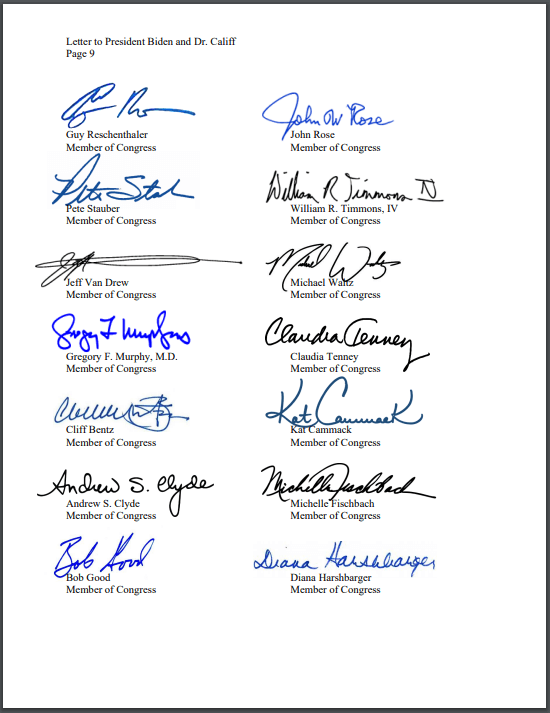 Page 9 of an 11-page letter addressed to President Joe Biden and FDA Commissioner Robert Califf showing 14 of 107 signatures of United States Congressional members demanding answers to the baby formula shortage. (Republican Energy and Commerce Committee website)