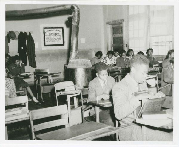 A 1951 photograph of Miss West's English 9 Class at R. R. Moton High School. It was used as Defendant's Exhibit No. 60 in the civil rights case Dorothy E. Davis et al. v. County School Board of Prince Edward County, Virginia, to show a comparison of conditions between black and white schools. (National Archives)