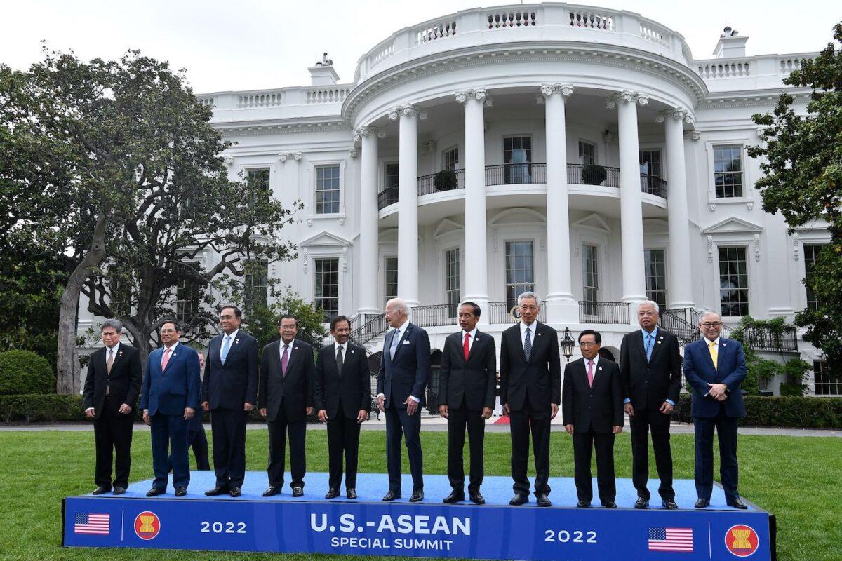 U.S. President Joe Biden (C) and leaders from the Association of Southeast Asian Nations (ASEAN) pose for a group photo on the South Lawn of the White House on May 12, 2022. (Nicholas Kamm/AFP via Getty Images)