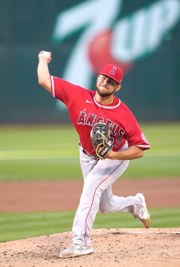 Chase Silseth #63 of the Los Angeles Angels making his major league debut pitches against the Oakland Athletics in the bottom of the second inning at RingCentral Coliseum, in Oakland, Calif., on May 13, 2022. (Thearon W. Henderson/Getty Images)