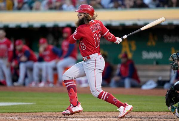 Brandon Marsh #16 of the Los Angeles Angels hits an rbi single scoring Anthony Rendon #6 against the Oakland Athletics in the top of the fourth inning at RingCentral Coliseum, in Oakland, Calif., on May 13, 2022. (Thearon W. Henderson/Getty Images)