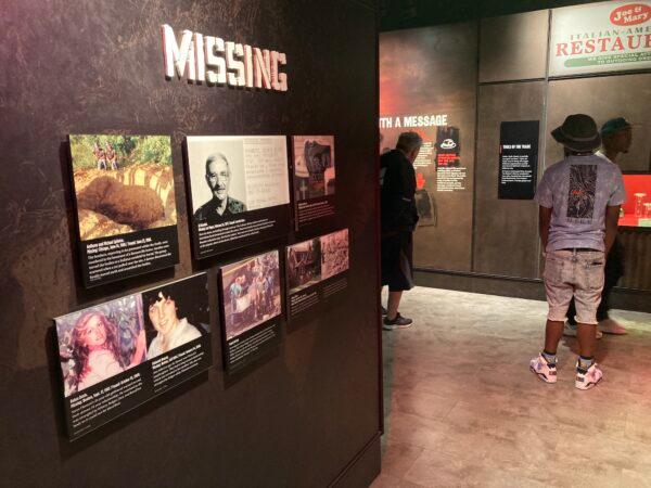 A series of photos of missing people create an exhibit at The Mob Museum in Las Vegas, Nevada, on May 12, 2022. (Allan Stein/The Epoch Times)