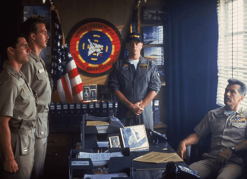 (L–R) Maverick (Tom Cruise), Goose (Anthony Edwards), Jester (Michael Ironside), and Viper (Tom Skerritt) in "Top Gun: Maverick." (Paramount Pictures)