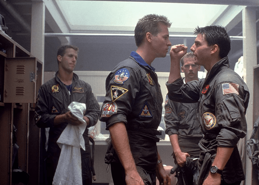 (L–R) Slider (Rick Rossovich), Ice Man (Val Kilmer), Goose (Anthony Edwards), and Maverick (Tom Cruise) in "Top Gun: Maverick." (Paramount Pictures)