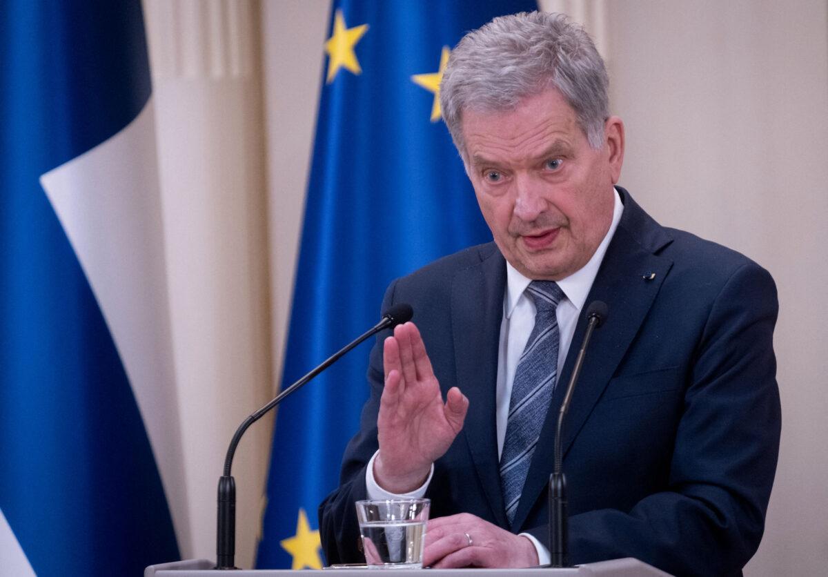 Finland's President Sauli Niinisto gives a press conference to announce that Finland will apply for NATO membership at the Presidential Palace in Helsinki, Finland, on May 15, 2022. (Alessandro Rampazzo/AFP via Getty Images)