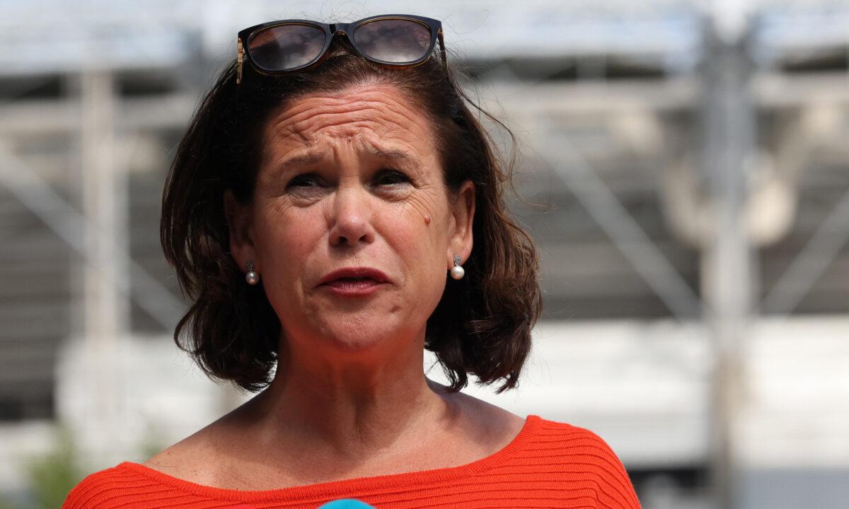 Sinn Fein President Mary Lou McDonald speaks to the media outside the Communications Workers Union headquarters in Dublin on May 14, 2022. (Sam Boal/PA Media)