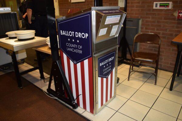 Ballot drop box before it was removed from the Lancaster County building in Pa., on May, 16, 2022. (Beth Brelje/The Epoch Times)