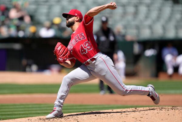 Patrick Sandoval #43 of the Los Angeles Angels pitches against the Oakland Athletics in the bottom of the first inning at RingCentral Coliseum, in Oakland, Calif., on May 15, 2022. (Thearon W. Henderson/Getty Images)