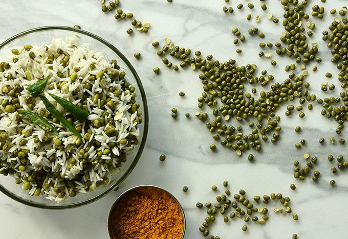 Mung beans and basmati rice are the main ingredients in khichdi. (Courtesy of ButteredVeg.com)