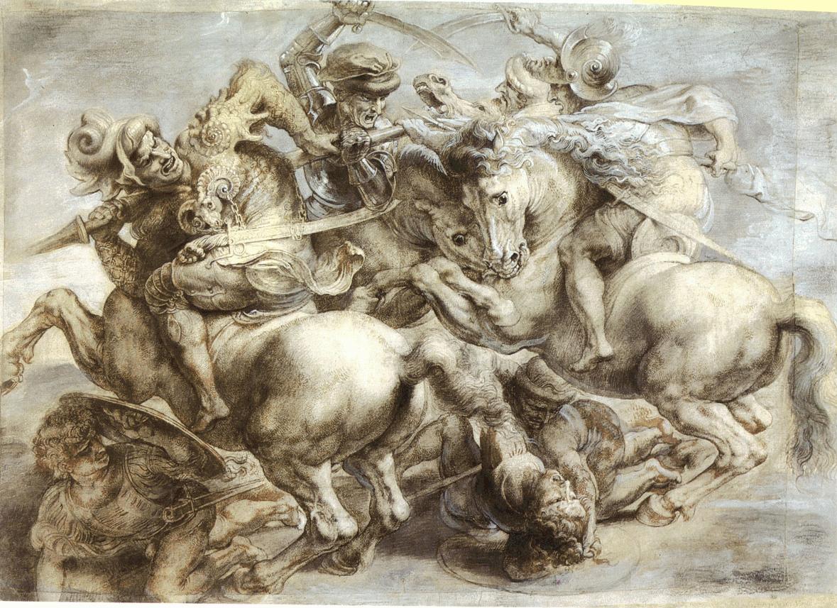 Copy of “The Battle of Anghiari,” circa 1603, by Peter Paul Rubens after Leonardo da Vinci’s fresco in the Palazzo Vecchio, Florence, Italy. Drawing, 17.8 inches by 25 inches, Louvre Museum. (Public Domain)