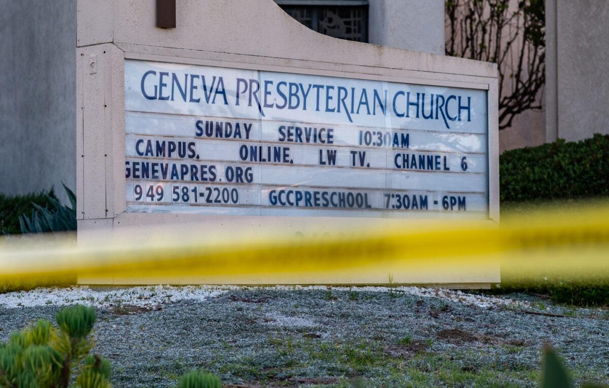 Law enforcement officials respond to a shooting at Geneva Presbyterian Church in Laguna Hills, Calif., on May 15, 2022. (John Fredricks/The Epoch Times)