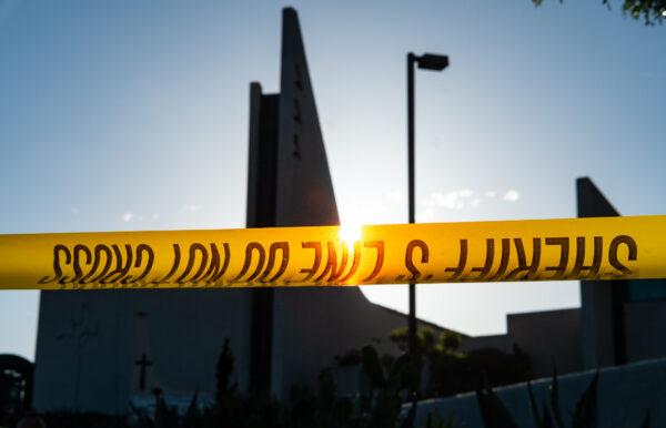 Law enforcement officials respond to a shooting at Geneva Presbyterian Church in Laguna Hills, Calif., on May 15, 2022. (John Fredricks/The Epoch Times)