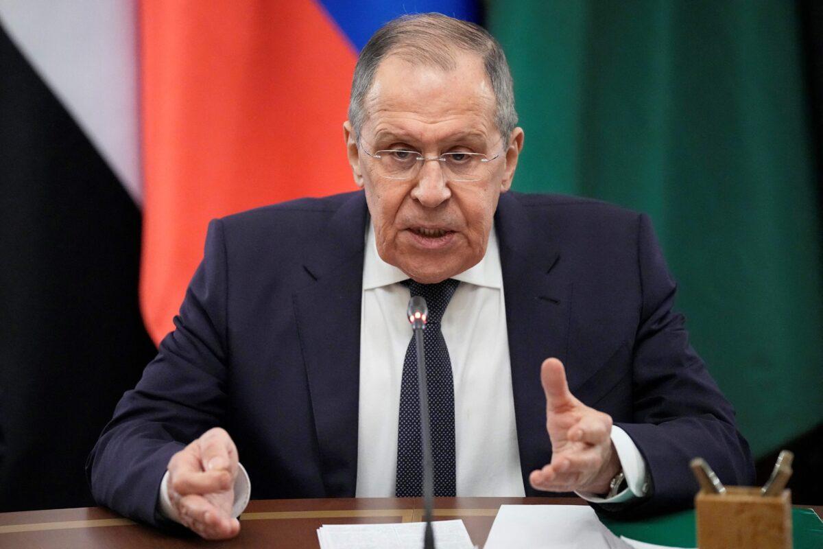 Russian Foreign Minister Sergei Lavrov speaks during his talks with representatives of the Arab League states in Moscow, on April 4, 2022. (Alexander Zemlianichenko/Pool/AFP via Getty Images)
