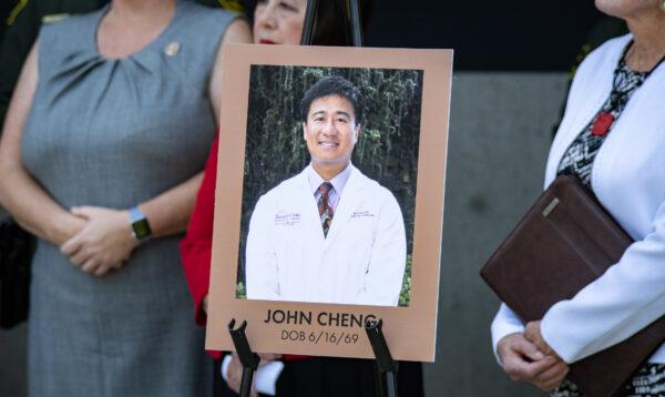 A photo of John Cheng, who was killed during a shooting at a Laguna Woods church, is on display at a press conference in Santa Ana, Calif., on May 16, 2022. (John Fredricks/The Epoch Times)