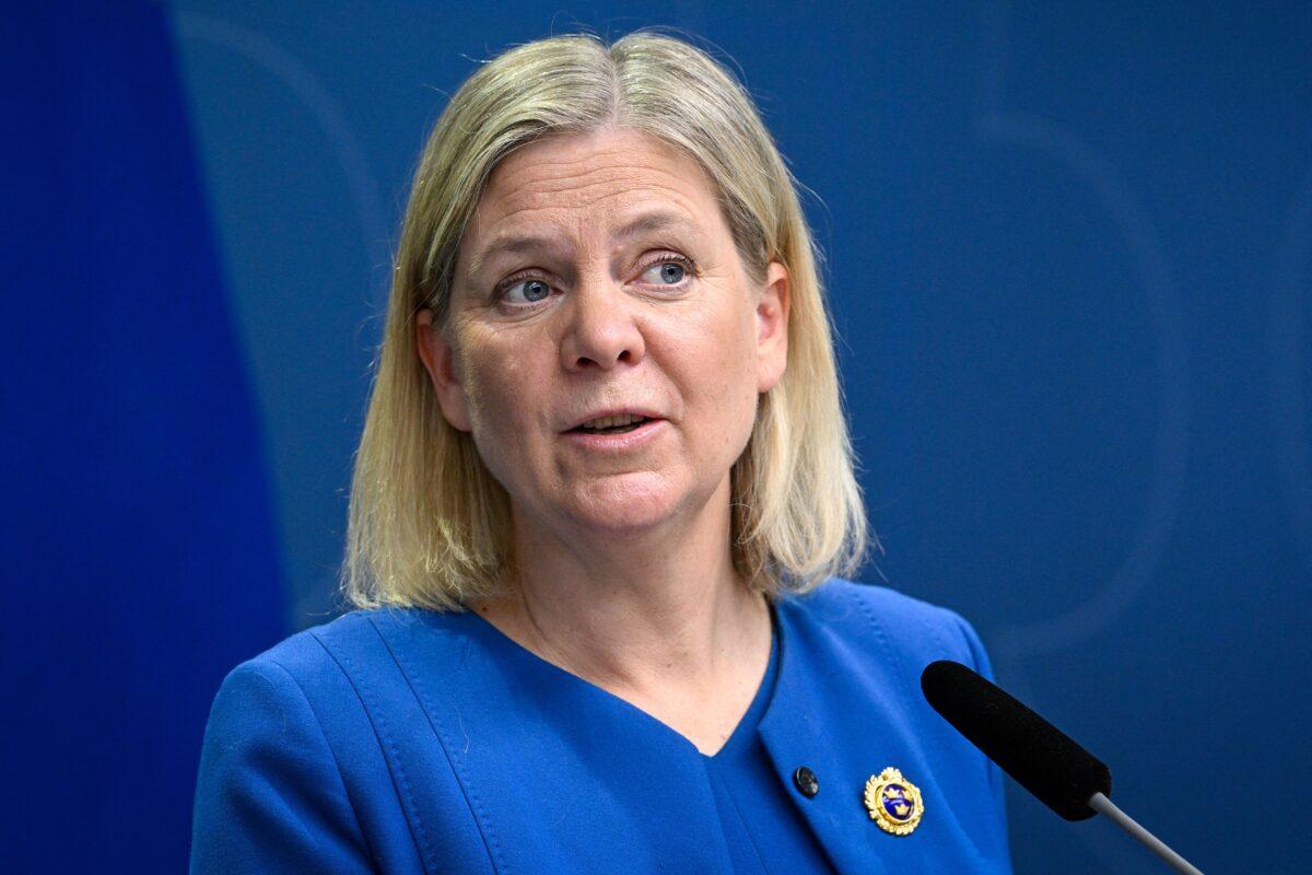 Sweden's Prime Minister Magdalena Andersson announces the country will officially apply to join NATO, in Stockholm on May 16, 2022. (Henrik Montgomery/TT News Agency/AFP via Getty Images)