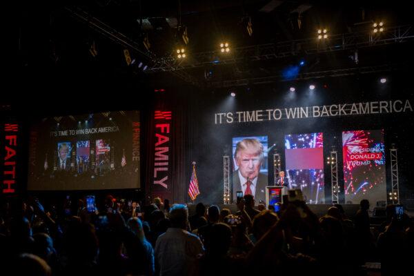 Former U.S. President Donald Trump speaks during the American Freedom Tour at the Austin Convention Center in Austin, Texas on May 14, 2022. (Brandon Bell/Getty Images)