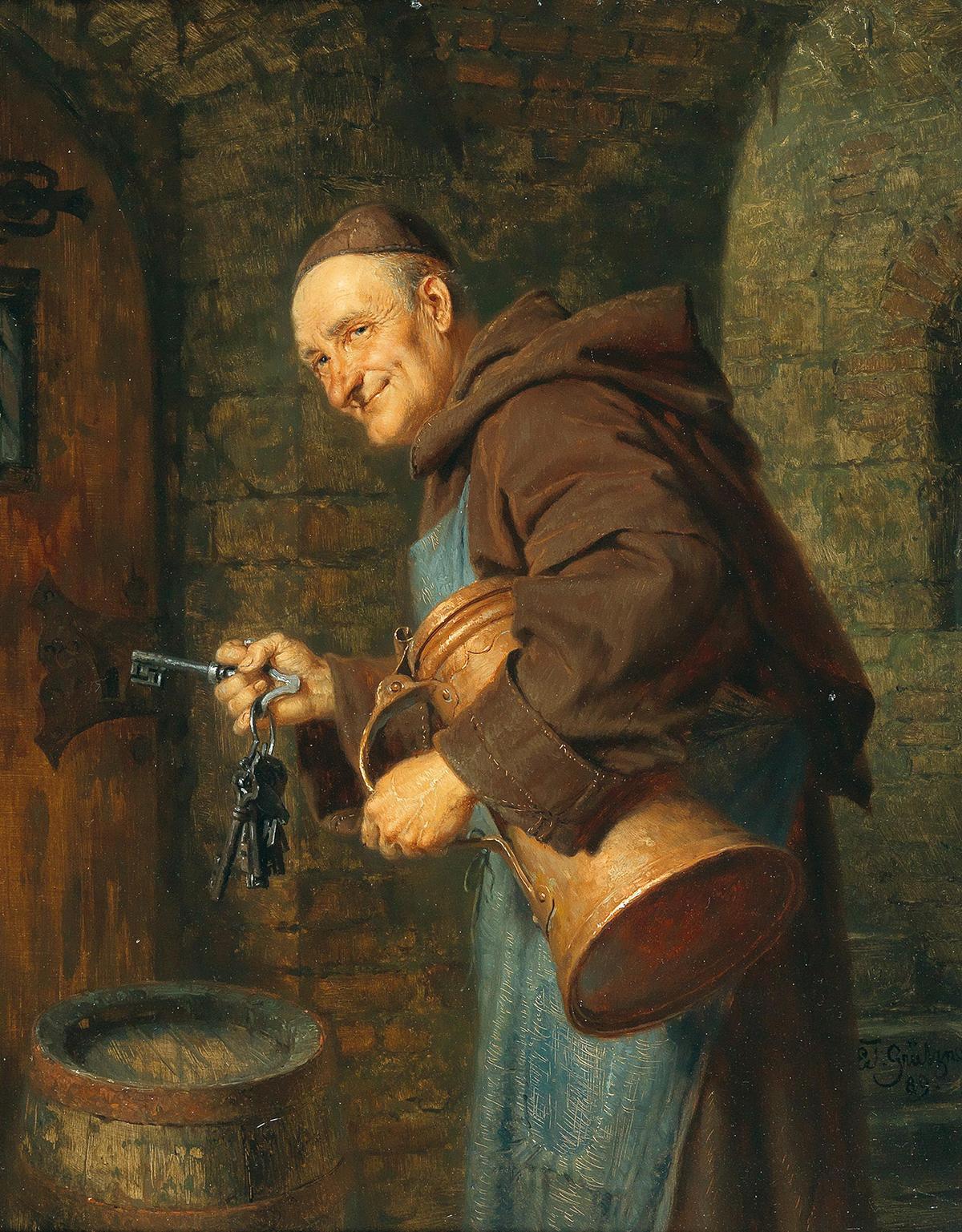 "A Cellarer With a Bunch of Keys," 1889, by Eduard von Grützner. Oil on panel. (PD-US)