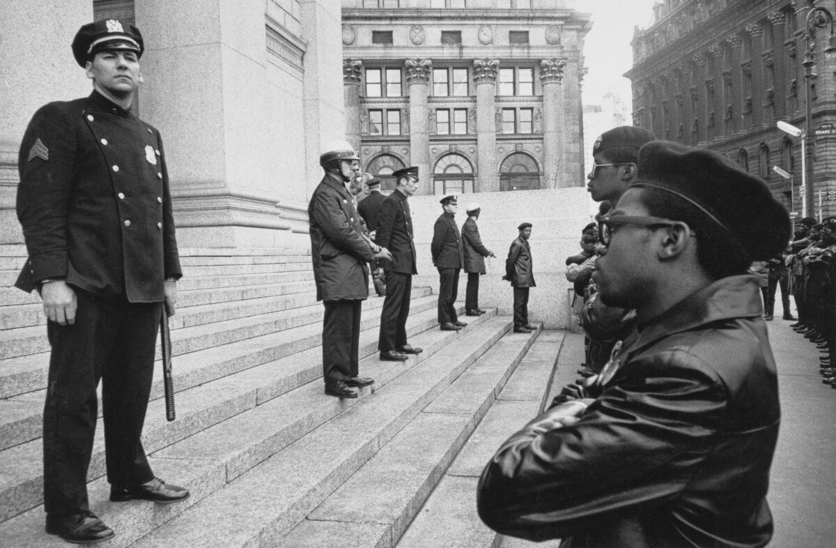New York Police Department officers stand on the steps of the Foley Square Courthouse during a demonstration by the Black Panthers, in Foley Square, New York City in 1968. (Maury Englander/FPG/Archive Photos/Hulton Archive/Getty Images)
