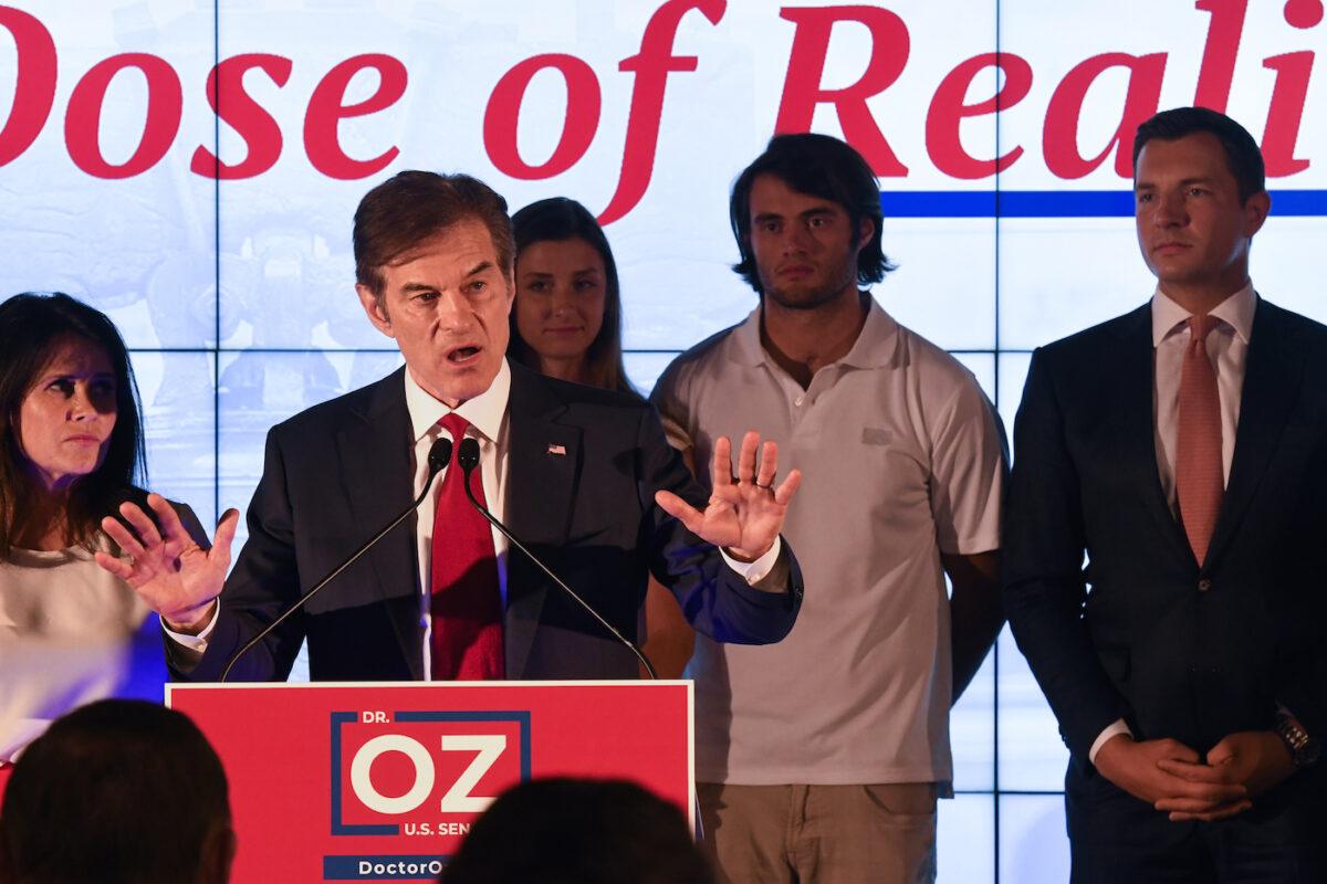 Republican U.S. Senate candidate Mehmet Oz greets supporters after the primary race resulted in an automatic recount due to close results on May 17, 2022, in Newtown, Pa. (Stephanie Keith/Getty Images)