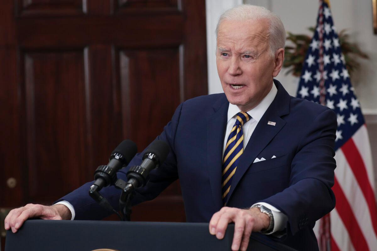 President Joe Biden speaks in the Roosevelt Room of the White House in Washington on March 8, 2022. (Win McNamee/Getty Images)