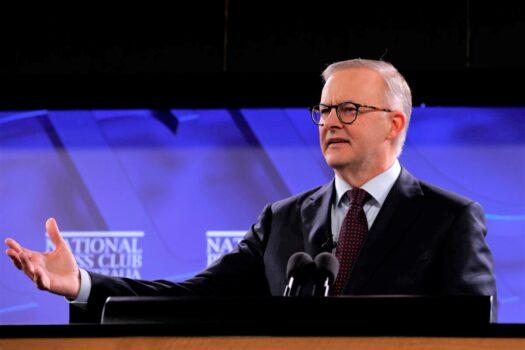 Labor Leader Anthony Albanese speaks at National Press Club in Canberra, Australia, on May 18, 2022. (Lisa Maree Williams/Getty Images)
