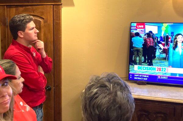 Republican candidate for Idaho Governor, Ed Humphreys, watches early prinary election results at an informal gathering in Eagle, Idaho on May 17. (Allan Stein/The Epoch Times)