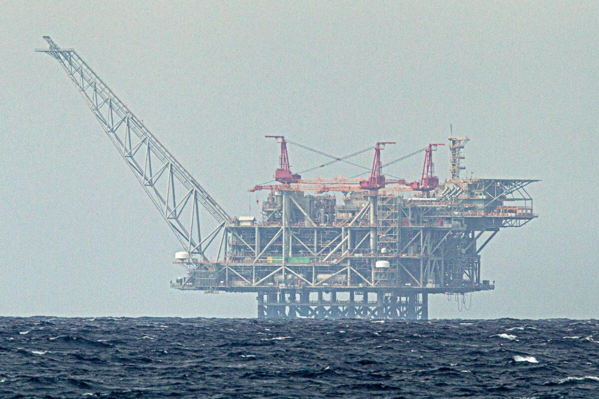 The platform of the Leviathan natural gas field in the Mediterranean Sea is pictured from the Israeli northern coastal city of Caesarea on Feb. 24, 2022. (Jack Guez/AFP via Getty Images)