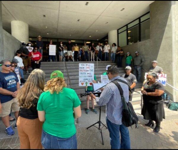 A group of teachers and parents gathered in protest outside the Los Angeles Unified School District (LAUSD) headquarters in Los Angeles on May 16. (Courtesy of Los Angeles Educators & Parents United)