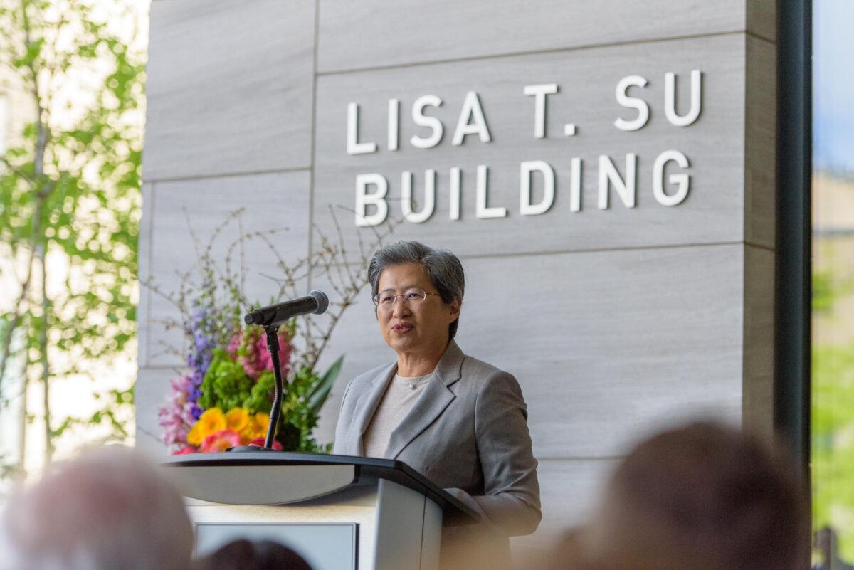 Lisa T. Su, an MIT alumna and CEO of Advanced Micro Devices, Inc., thanked MIT at Sunday's building dedication ceremony. (Courtesy of MIT)