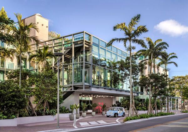 The exterior of the Ray Hotel in the fashionable Pineapple Grove district of Delray Beach. The hotel is home to a popular rooftop bar and two upscale restaurants, Akira Back and Ember Grill. (Visit the Palm Beaches)