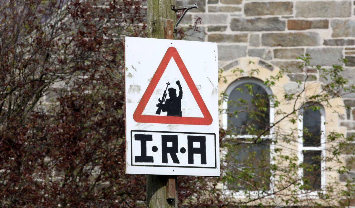 An Irish Republican Army (IRA) sniper warning sign overlooking the Bogside area of Derry in Northern Ireland on April 20, 2019. (Paul Faith/AFP via Getty Images)