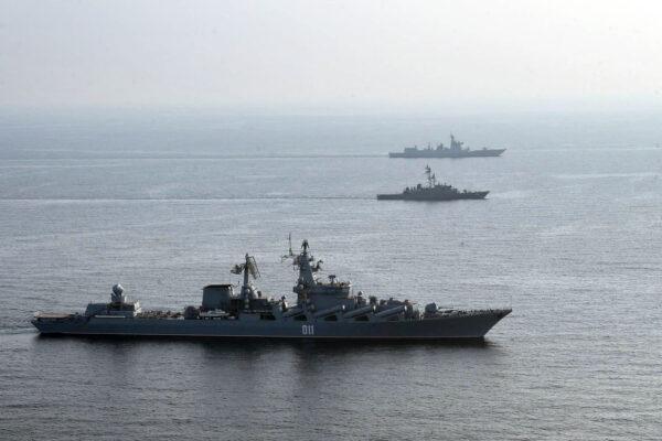 Iranian, Russia, and Chinese warships during a joint military drill in the Indian ocean. Iran, Russia and China will began today joint naval drills for three days in the Indian Ocean, seeking to reinforce "common security", an Iranian naval official said on Jan. 21 2022. (Iranian Army office/AFP via Getty Images)