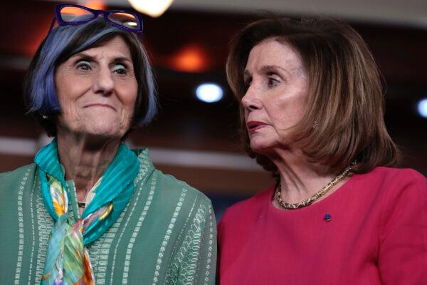 Rep. Rosa DeLauro (D-Conn.) House Appropriations Committee Chairwoman, with House Speaker Nancy Pelosi (D-Calif.) during a press conference on the introduction of legislation to help Americans with the nationwide baby formula shortage at the U.S. Capitol Building in Washington, on May 17, 2022. (Anna Moneymaker/Getty Images)